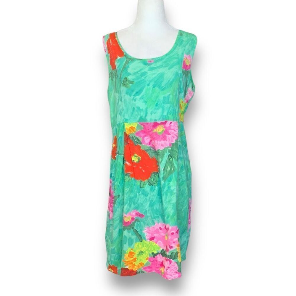 Vintage Jams World Dress Aqua Green Babydoll Tropical Floral Print Sleeveless
